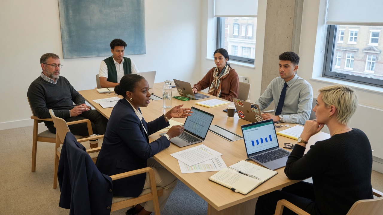UK business professionals collaborating on sustainability initiatives in a professional office setting
